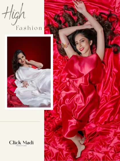 A single shoot can tell multiple stories. This collage showcases the versatility we can achieve, moving from a classic white drape to a bold red satin look. It demonstrates how I structure a fashion shoot to provide a range of powerful images for your portfolio.