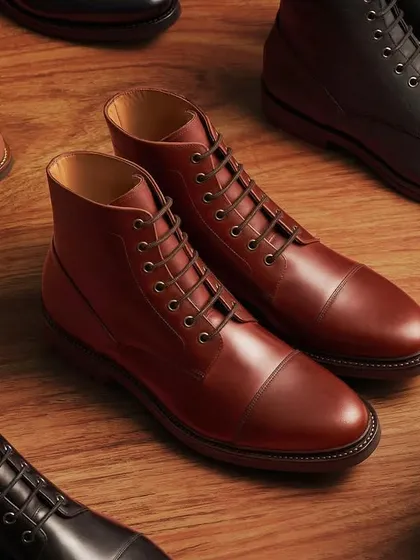 A top-down view of the Hanker Boots collection. This kind of flat lay is great for showing the variety of styles and colors available, all arranged on a warm wooden background that unifies the collection.
