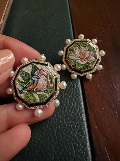 The sharp and stylish Sharvari wearing my magnolia eartops. The design features a delicate micromosaic flower surrounded by pearls.