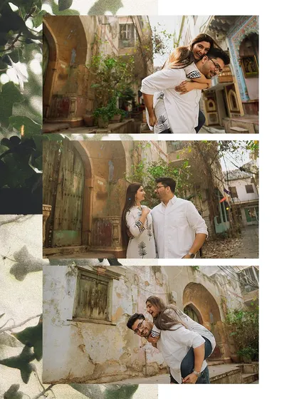 A playful collage of a groom giving his fiancée a piggyback ride through historic alleyways.