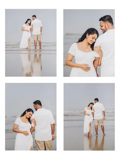 This set of four images captures different angles and moments from Janice and Lyle's beach walk, showcasing their natural chemistry.