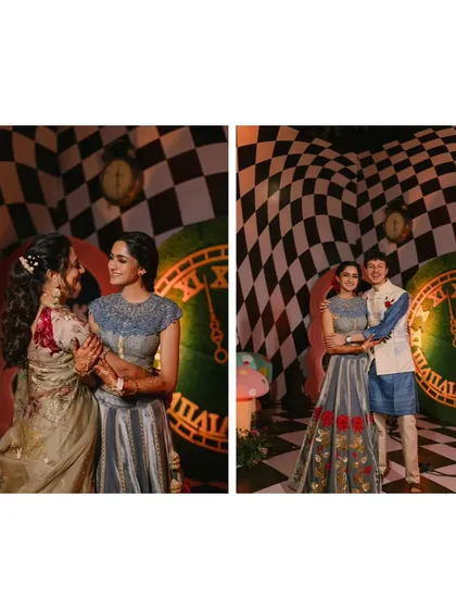 A collage of happy moments from the Wonderland-themed Mehndi. It captures the couple's joy and the fun interactions with family, all within the magical world I created.