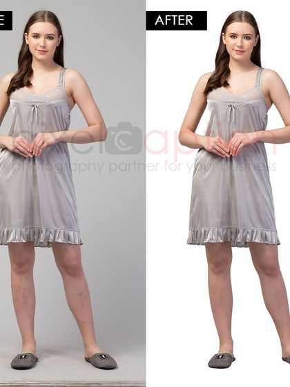 A before and after look at our editing process for women's nightwear. We ensure the final image is clean, color-corrected, and meets all marketplace guidelines.