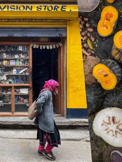 An unhinged collage stress-busting exercise, blending a woman walking past a provision store with colorful market produce.