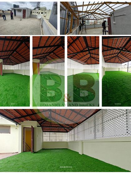 An empty rooftop in Ramamurthy Nagar becomes a usable, all-weather space. This collage shows the complete process of installing a traditional Mangalore tile pergola and laying down lush artificial grass for a low maintenance, beautiful finish.