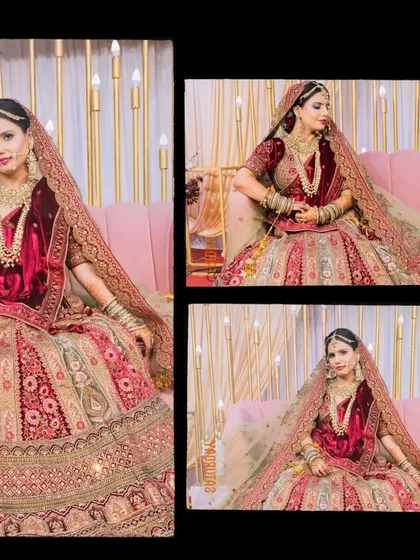 A collage dedicated to the bride's stunning portrait in her magnificent velvet lehenga, showcasing the intricate details of her attire and her regal presence.