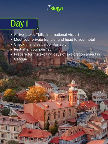 Here’s a look at our Georgia trip itinerary, starting with Day 1. We take care of all the planning, from your airport transfer to your hotel check-in, so you can just relax and get ready for the adventure ahead.