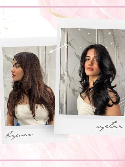 A classic before-and-after that showcases the power of a good haircut. We transformed her look with face-framing layers and a healthy trim, resulting in a fresh and modern style.