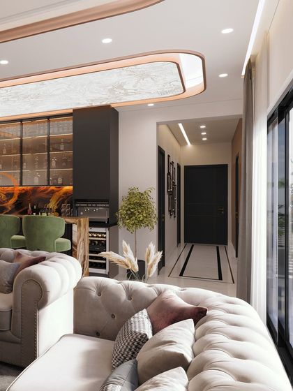 This angle showcases the open-concept design, with a seamless transition from the living area to the sophisticated home bar and hallway.