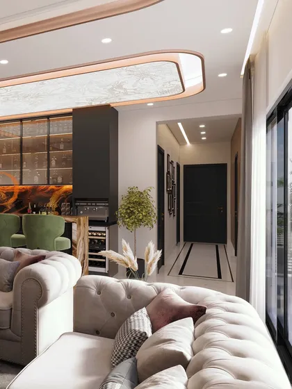 A complete view of the open-plan living, dining, and bar area, showcasing the grand scale and luxurious details of the design.