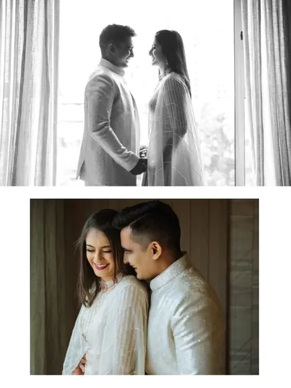 A mix of color and black and white portraits, showing the couple's connection through natural window light. These photos have a soft, intimate, and timeless quality.