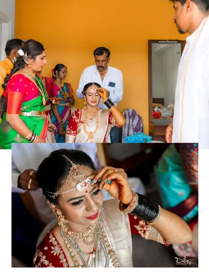 A collage showing the final touches of the bride's preparation. Capturing these details, like the placement of the bindi, is part of telling the complete story.