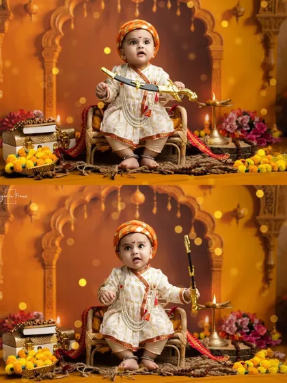 A collage of our 'Bal Shivaji' (young Shivaji) theme, showing the little warrior with his toy sword.