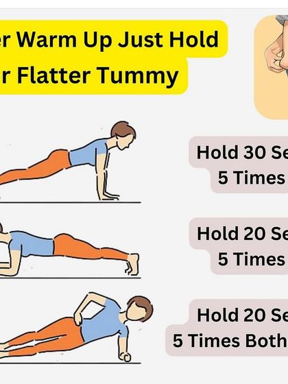 This graphic shows three plank variations to hold after your warm-up for a flatter tummy: high plank, forearm plank, and side plank.