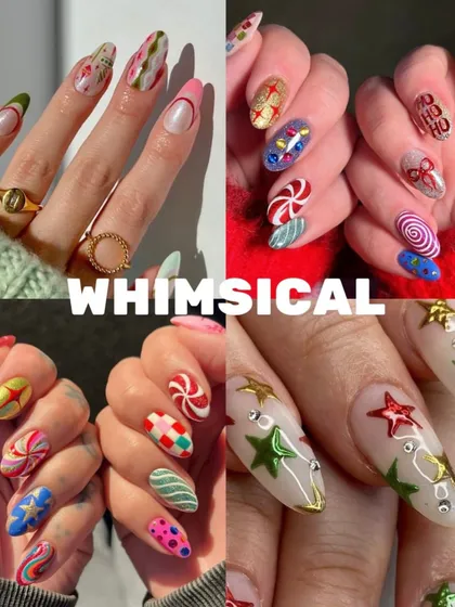 December Nails Inspo, for a "Whimsical" vibe. This collage is full of fun, colorful, and imaginative designs like candy swirls, stars, and playful patterns.