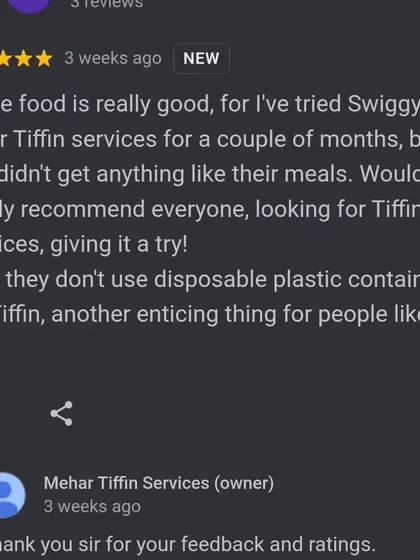 This feedback is special because it highlights our effort to be mindful of the environment. We prefer using steel tiffins to reduce plastic waste, and we're glad our customers appreciate it.
