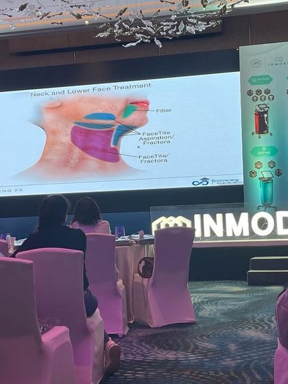 This presentation slide illustrates how advanced radiofrequency technology targets the deeper layers of the neck and lower face. It allows for precise heating to stimulate collagen and tighten tissues for effective facial contouring.