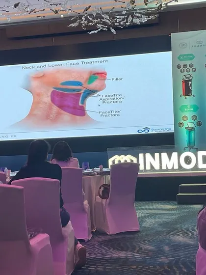 Here I am at a presentation for InMode, a leader in radiofrequency (RF) technology. I am always exploring advanced, non-invasive options like bipolar RF for face and neck skin tightening to complement my surgical procedures.