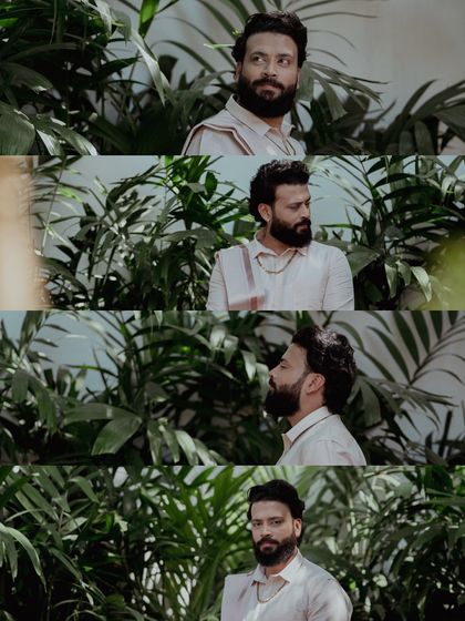 A collage of a groom's portraits on his betrothal day, capturing his thoughtful expressions amidst lush greenery.