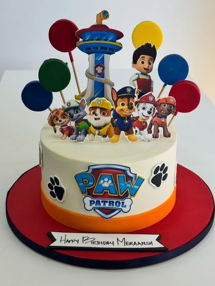 No job is too big, no pup is too small for a birthday celebration! This Paw Patrol themed cake brings the rescue team to life with bright colors and character toppers.