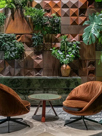 Nature is a powerful design tool, as shown in this 3D visual. I used a stunning wall of 3D wood panels and integrated planters to create a biophilic seating area that feels like a peaceful escape.