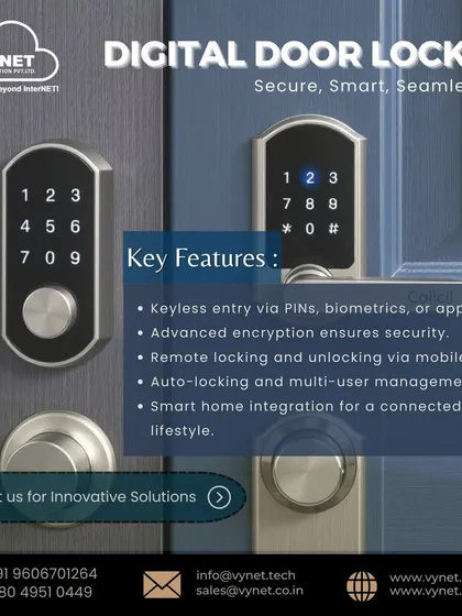 Our digital door locks offer secure, keyless entry through PINs, biometrics, or a mobile app. This graphic details the features we provide, including remote access and integration with your smart home system for complete peace of mind.