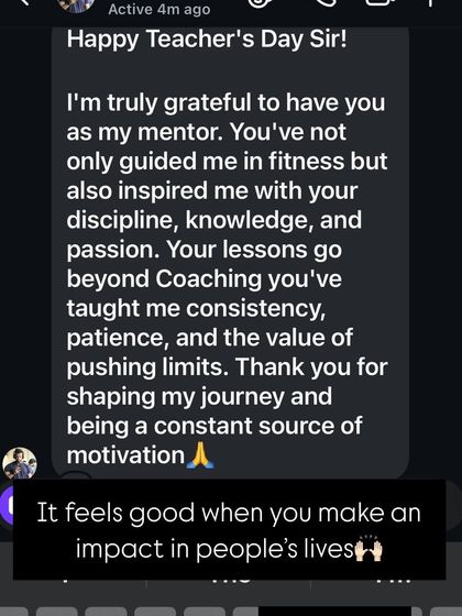 A heartfelt message from a client thanking me for teaching discipline, patience, and the value of pushing limits. My goal is to be a source of guidance, not just a rep counter.