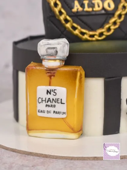 A close-up of the hand-painted Chanel perfume bottle.