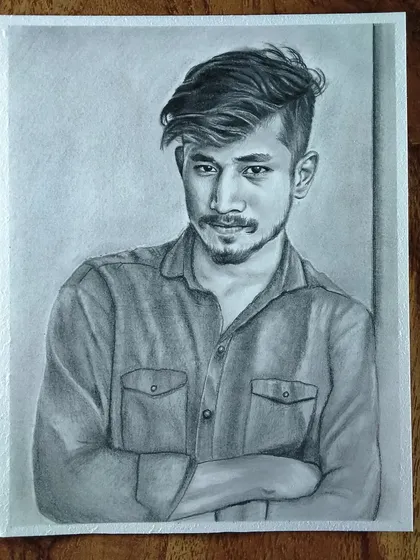 This portrait was a commission, showing a relaxed, arms-crossed pose. I pay attention to the folds in the clothing and the hair texture.
