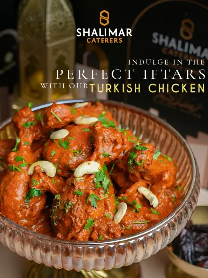 Our Turkish Chicken is a highlight of the Iftar menu. This rich, tomato based curry with tender chicken pieces is a flavorful centerpiece for your meal.