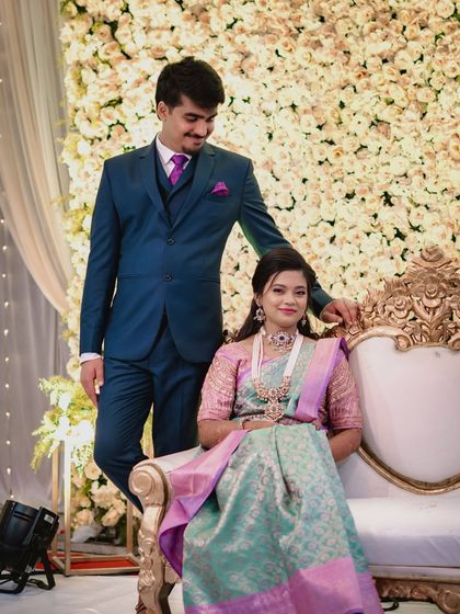 A regal reception portrait. The bride's pastel Kanjeevaram is paired with sparkling diamond jewelry, and I created a sophisticated makeup look to match.