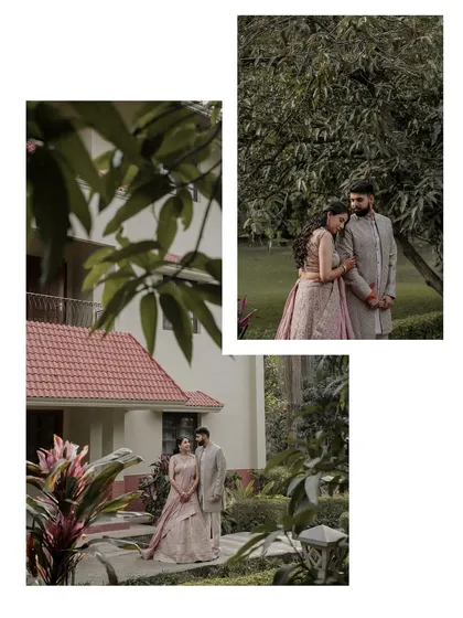 Capturing the couple in a natural, serene outdoor setting. This series of shots from an engagement session shows the couple interacting gently against a lush green backdrop, perfect for romantic portraits.