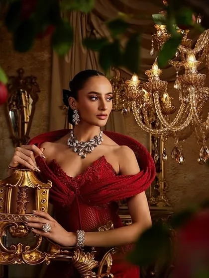 A moment of quiet drama in the crimson corset gown, where the embellished structure of the bodice is the undeniable focal point.