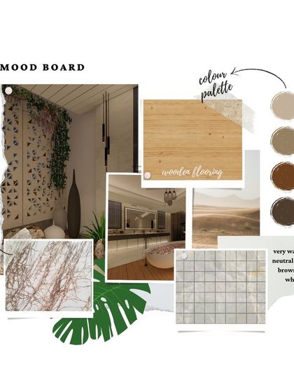 A mood board for a nature-inspired bathroom, showing the planned use of marble, wood, and a neutral color palette. The inclusion of a monstera leaf emphasizes the goal of bringing the outdoors in.