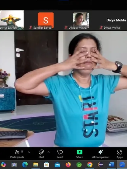 A participant practices Bhramari Pranayama (Humming Bee Breath). The vibrations from the humming sound have a deeply calming effect on the mind and nervous system, which is particularly helpful for stress-related thyroid issues.