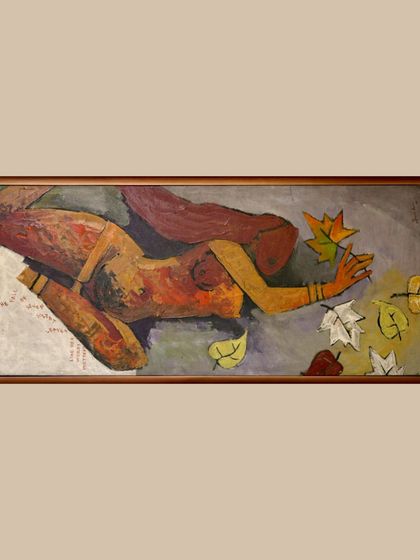 A horizontal orientation of M.F. Husain's 'Autumn,' one of the options we considered. This view changes the dynamic of the falling leaves and the reaching figure.