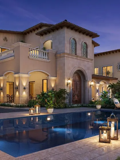 A twilight rendering of a Mediterranean-style villa for ATS Developer. We focused on creating a warm, inviting atmosphere by simulating multiple light sources, including interior lights, landscape uplighting, and lantern reflections on the pool surface, to showcase the property's evening appeal.