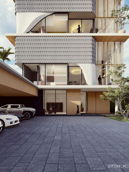 This residential design for a project in Jaipur features a vertically oriented structure with interlocking blocks and a fluidic roof. We used a mix of concrete panels and wooden louvers to create a contemporary yet elegant facade.