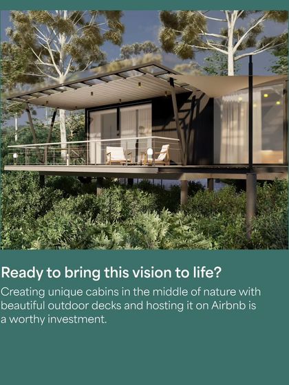 A render of a unique cabin designed for a micro-resort in Coorg. Building these elevated, prefabricated cabins is a worthy investment for creating a one-of-a-kind nature retreat that can be listed on Airbnb.