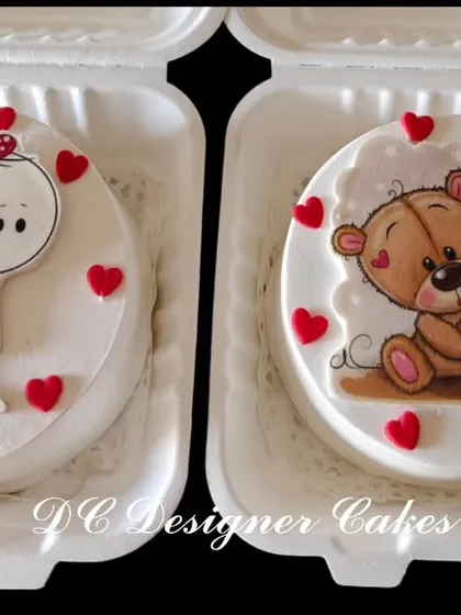 A closer look at two of the Valentine's bento cakes, perfect for sharing or as individual treats.