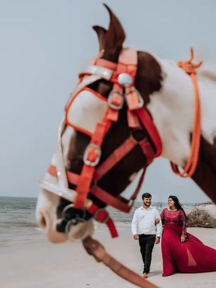 An artistic pre-wedding shot on the beach, using the horse in the foreground to create depth and a unique perspective on the couple.