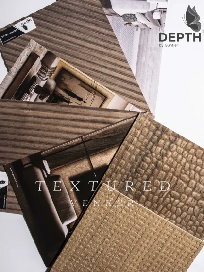 A collage of different textured veneers, showing the creative possibilities. From crocodile skin to linear grooves, these can be mixed and matched for a custom look.