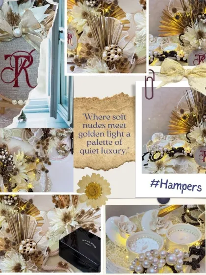 A collage showcasing my 'Golden Nude' hamper style. Soft nudes meet golden light in a palette of quiet luxury, perfect for sophisticated wedding and bridal hampers.