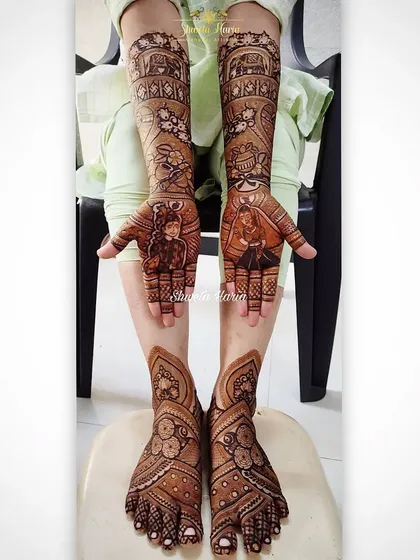 A complete bridal look, this set shows the intricate hand mehendi with bride and groom figures, paired with complementary floral designs for the feet.
