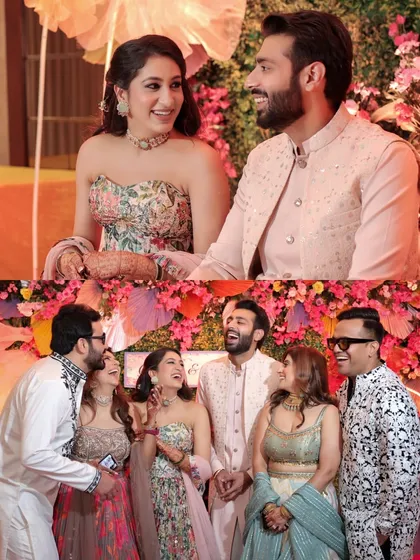 A collage of the couple with their friends and family, capturing the laughter and joy of their Mehendi celebration.