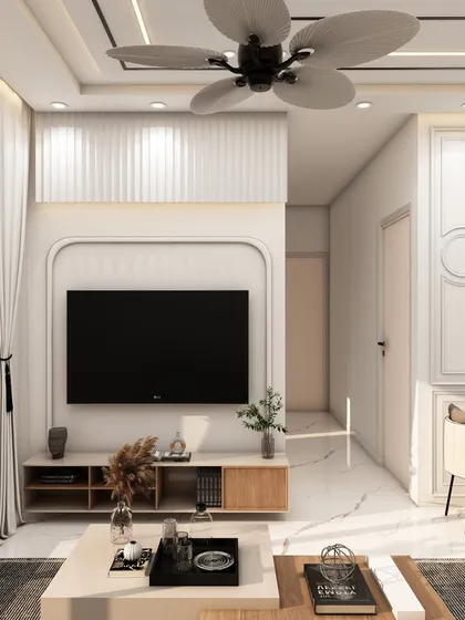 This 3D render showcases a compact living area where a wall-mounted TV unit with vertical fluting and a minimalist coffee table maximize floor space.