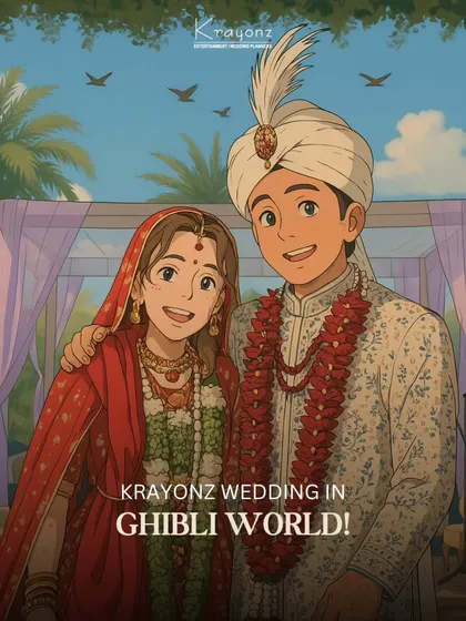Reimagining a Krayonz wedding in the whimsical Ghibli world. This anime-style illustration captures the charm of an Indian wedding couple.