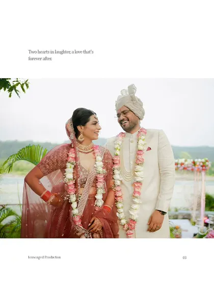 An elegant, magazine-style layout of the couple smiling at each other after their jaimala.