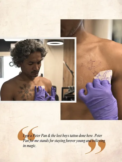 The stenciling process for a Peter Pan tattoo, bringing the magic of Neverland to skin.