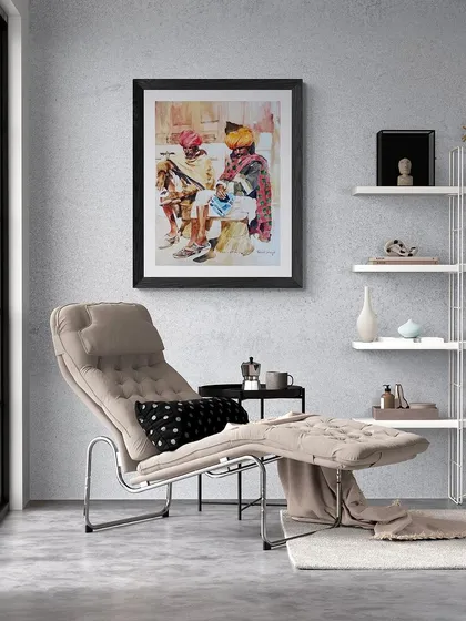 A visualization of my watercolor piece 'Sun and Sand' in a contemporary room. Even a more traditional medium can feel modern and fresh when framed and placed thoughtfully.